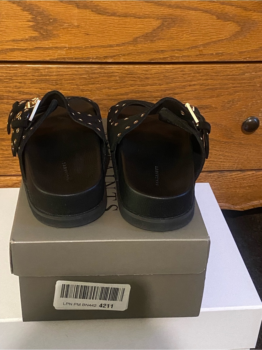 AllSaints Khai Black Slide Sandals with Gold Grommet Buckles Sz 8 - Picture 2 of 10